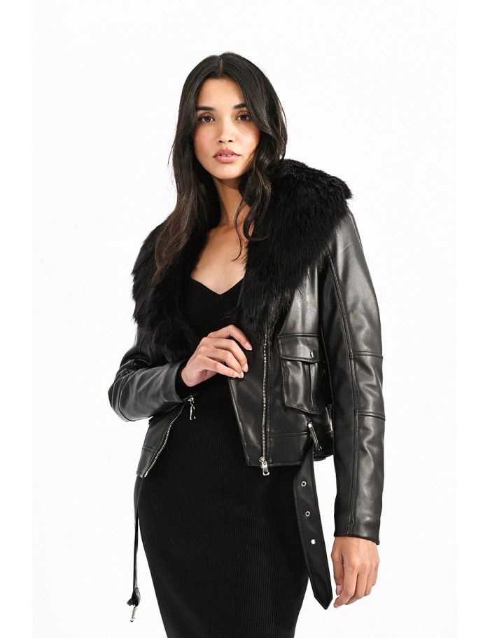 chaqueta poli piel y pelito negra Soul Barcelona